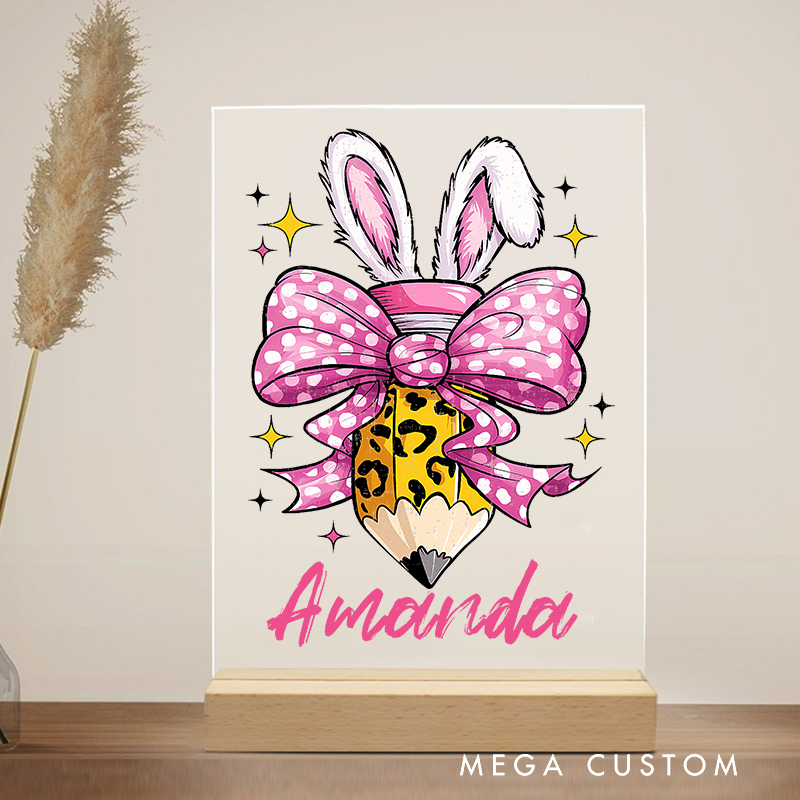 Personalized Teacher Desk Acrylic Sign Bunny Ears and Bow Pencil Theme Gift for Teachers