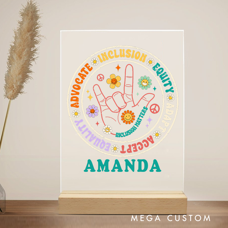 Personalized Teacher Desk Acrylic Sign Inclusion Is Where It's At Peace and Love Theme Gift for Teachers