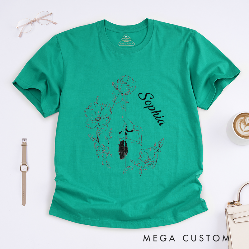 Personalized Pole Dance Flower Art T-Shirt Custom Name Gift Aesthetic Floral Design Unique Present for Women Friends Dancer Birthday