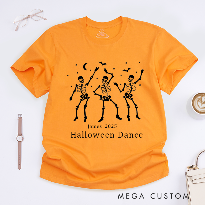 Personalized Skeleton Dance T-Shirt Custom Name Year Unisex Party Gift Spooky Dancing for Men Women Kids Halloween Event