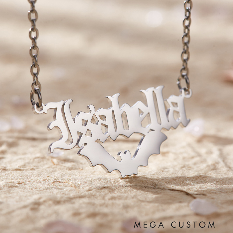 Personalized Halloween Name Necklace Bat Name Necklace Halloween Gift for Her 