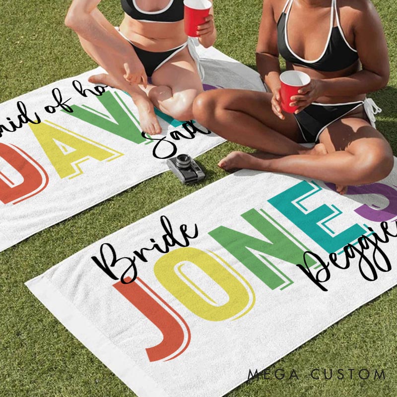 Personalized Bridesmaid Colorful Beach Towel Bride Name Beach Towel Bachelorette Party Gift