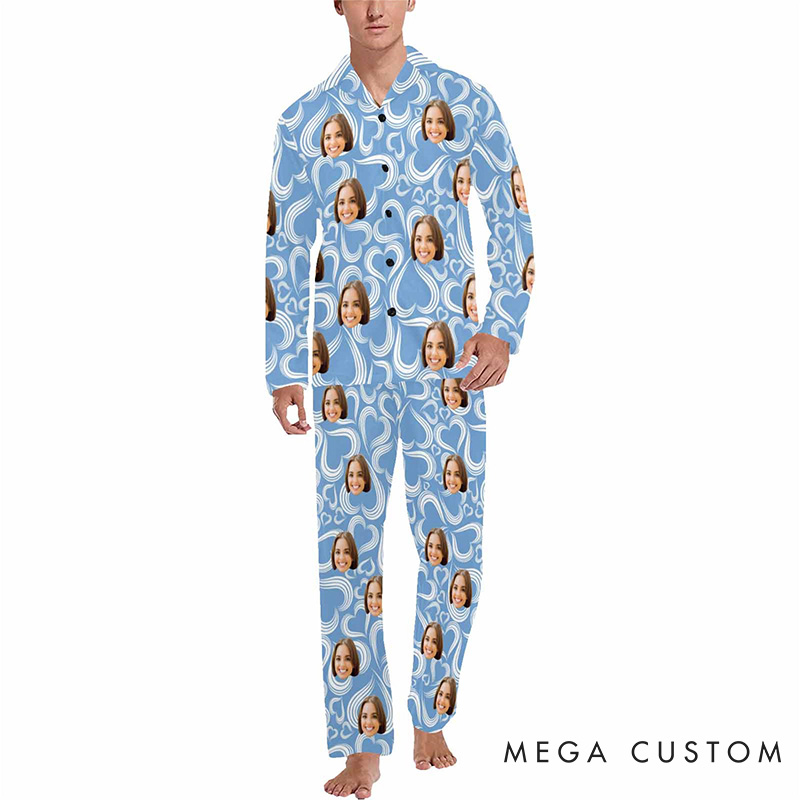 Personalized Couple Face Pajamas Set Valentine's Day Heart Pajamas for Boyfriend Girlfriend Wife Husband