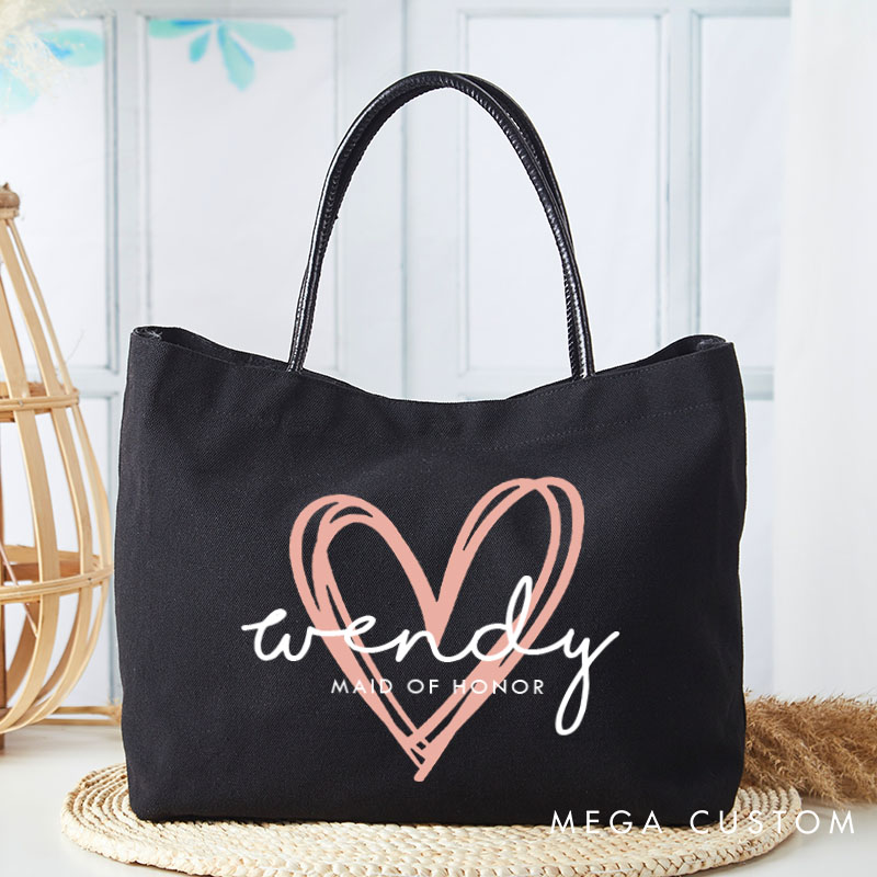 Personalized Bridesmaid Pink Heart Tote Bag with Name Bride Tote Bridal Party Gift