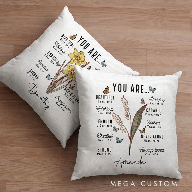 Personalized You Are Bible Verse Birth Flower Throw Pillow with Custom Name Christian Home Decor Birthday Gift for Women and Girls