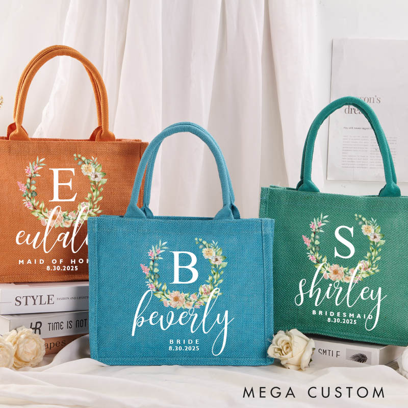 Personalized Bridesmaid Floral Wreath Initials Burlap Tote Bag with Name Maid of Honor Tote Bag