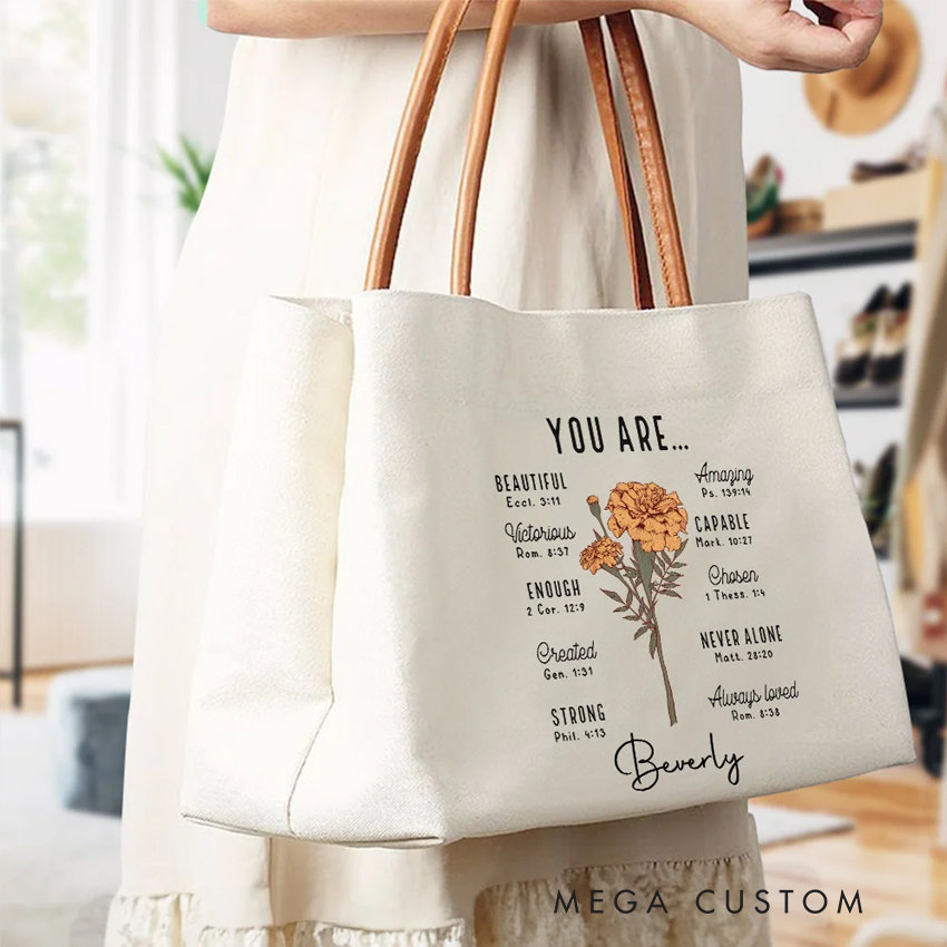 Personalized Birth Flower Bible Verse Canvas Tote Bag with Name and Leather Handle Travel Accessories Baptism Birthday Gift for Women Christians