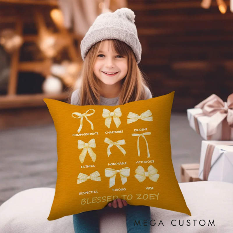 Personalized Coquette Bow Charitable Blessed Words of Bible Throw Pillow with Name Christian Pillow Faith Based Gift for Christians