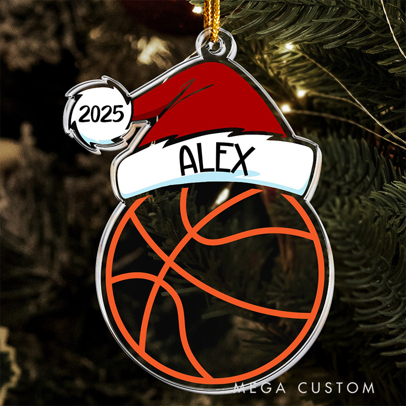 Personalized Sports-Themed Ornament with Santa Hat Design and Custom Name and Year  