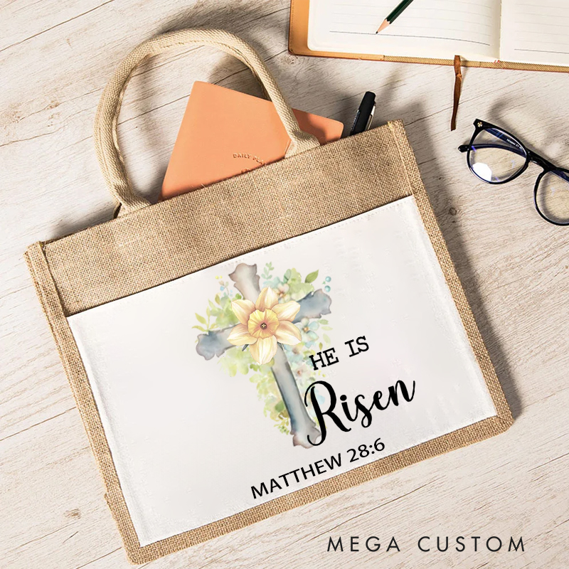 Personalized He Is Risen Bible Verse Cross Birth Flower Large Reusable Tote Bag with Text Easter Church Religious Gift for Women Christian