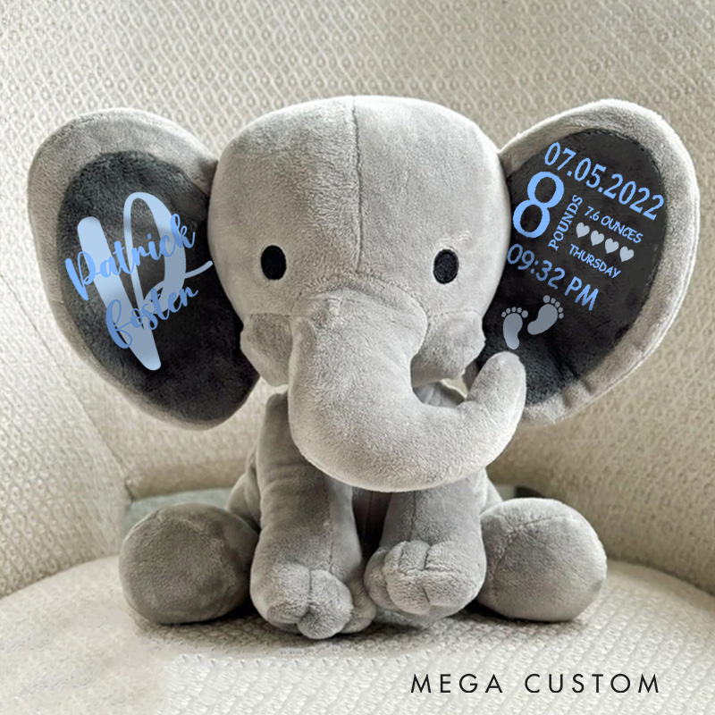Personalized Birth Announcement Illustration with Date Time Weight and Footprint Accents for Cherished Memories Baby Elephant Plush Toys