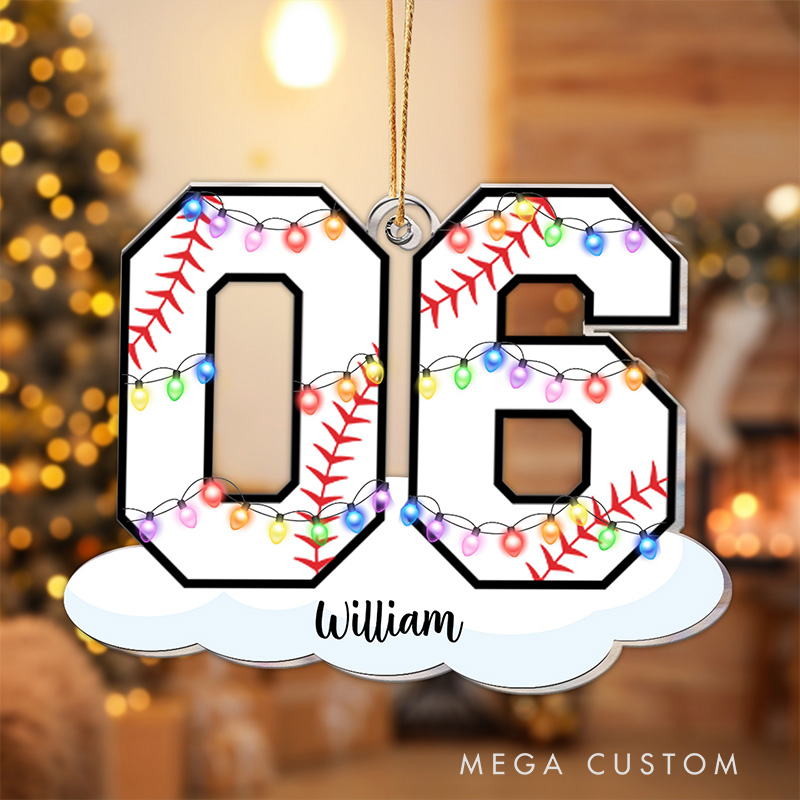 Personalized Baseball Number Ornament with Custom Name and Festive Lights  