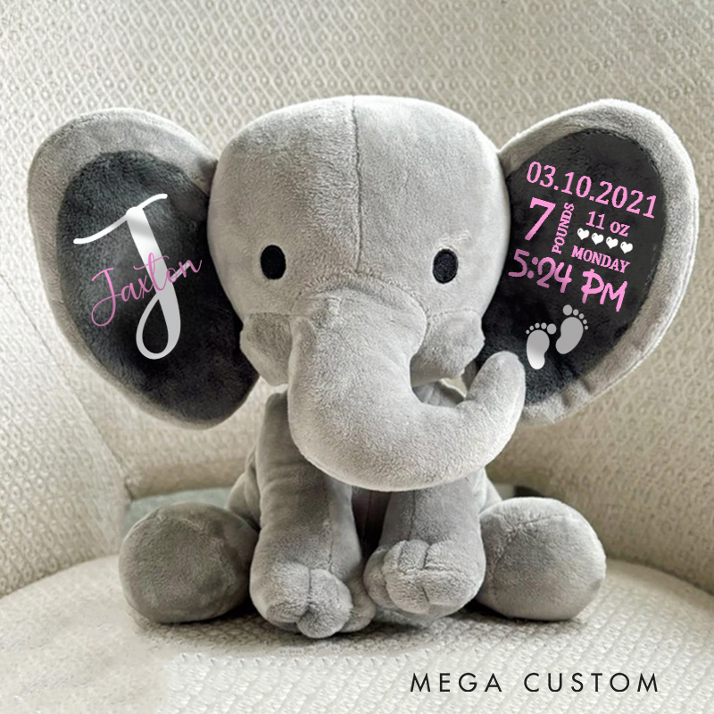 Personalized Birth Announcement Illustration with Date Time Weight and Footprint Details for Treasured Memories Baby Elephant Plush Toys