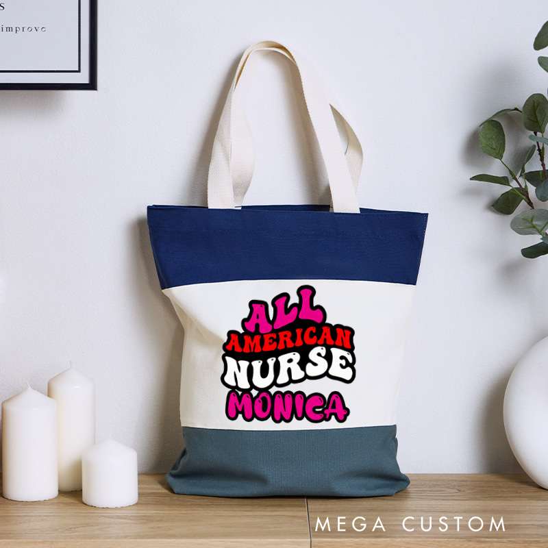 Personalized Nurse Tri Color Canvas Tote Bag Custom All American Nurse Design Tote Bag Nurse Application Week Gift