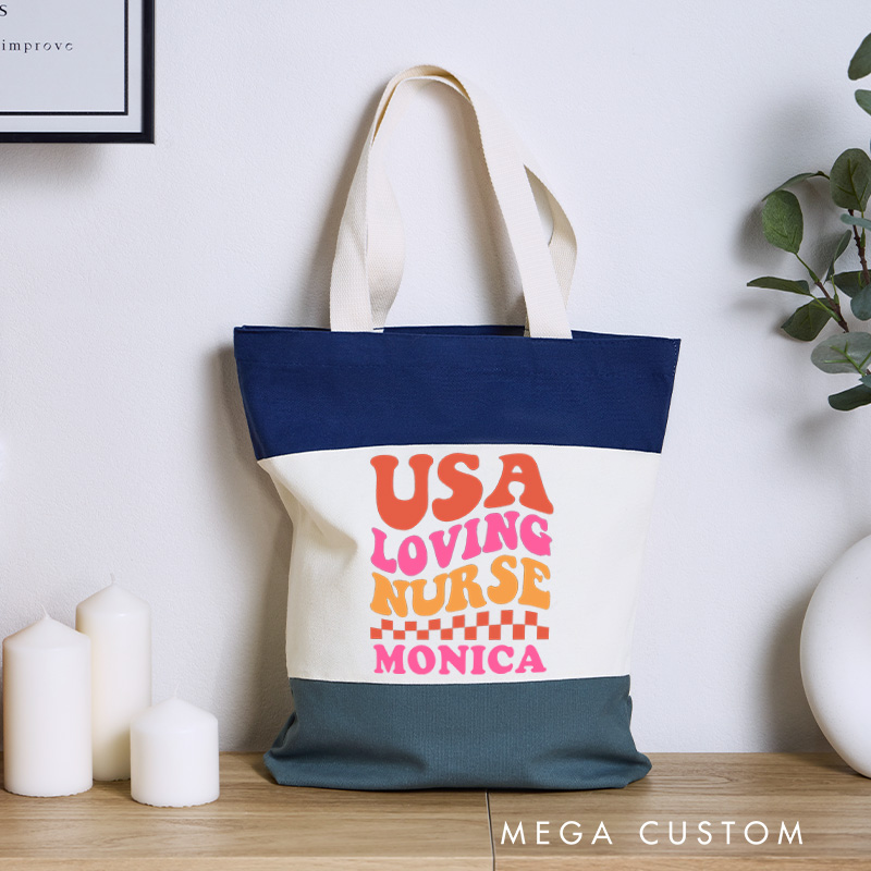 Personalized Nurse Tri Color Canvas Tote Bag Custom USA Loving Nurse Design Tote Bag Nurse Application Week Gift