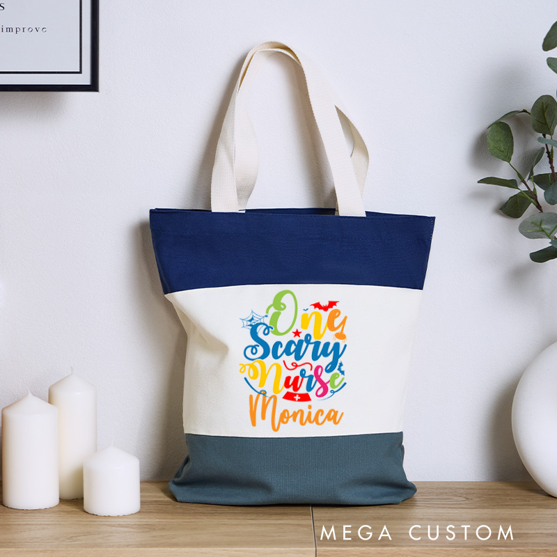 Personalized Nurse Tri Color Canvas Tote Bag Custom One Scary Nurse Design Tote Bag Nurse Application Week Gift