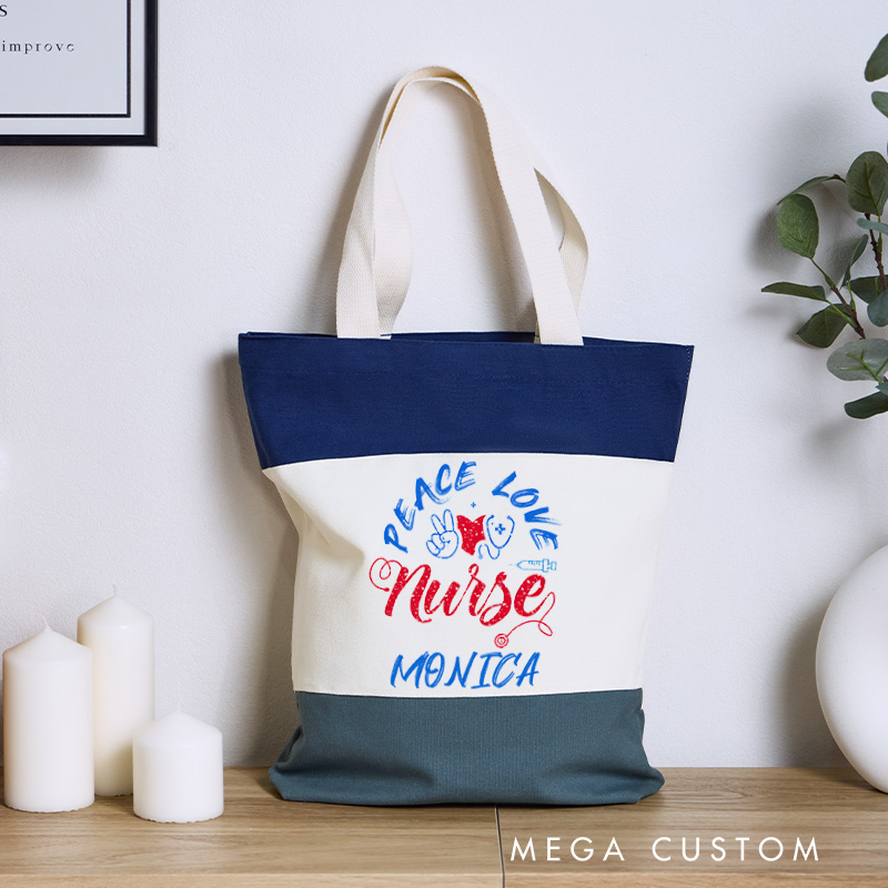 Personalized Nurse Tri Color Canvas Tote Bag Custom Peace Love Nurse Nurse Design Tote Bag Nurse Application Week Gift