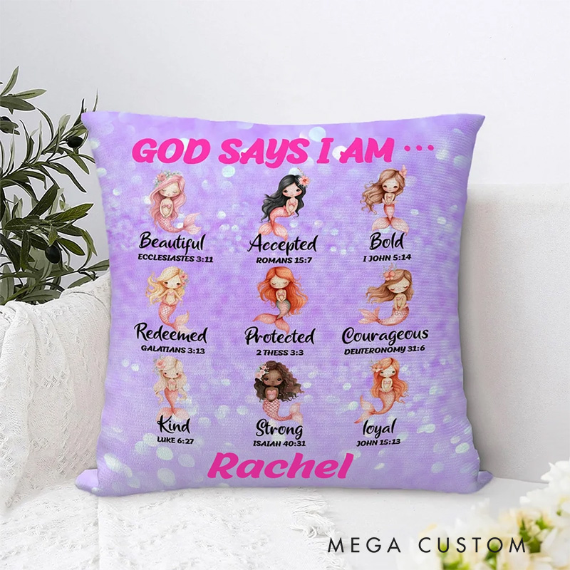 Personalized God Says I Am Colorful Mermaid Throw Pillow with Name and Bible Verse Home Decor Birthday Gift for Girls