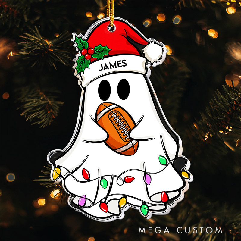 Personalized Ghost Football Ornament with Custom Name and Festive Lights 