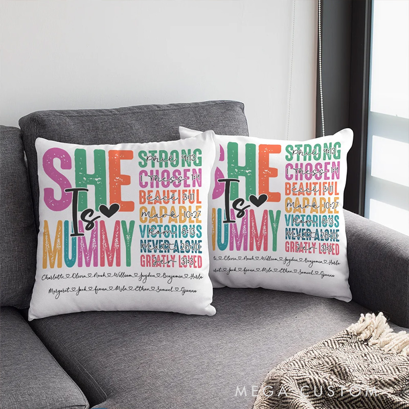 Personalized Colorful Letter She Is Mummy Bible Verse Throw Pillow with Nickname Mother's Day Birthday Gift Religious Gift for Mother Grandmother
