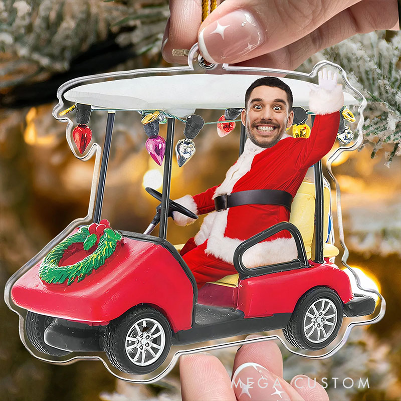 Personalized Santa Golf Cart Ornament with Custom Face  