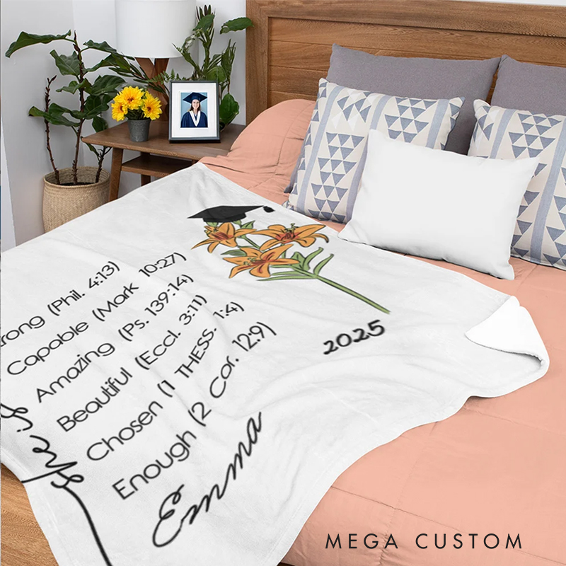 Personalized Graduation Cap Birth Flower Bible Verse Soft Throw Blanket with Name and Year Religious Day Birthday Graduation Gift for Graduate