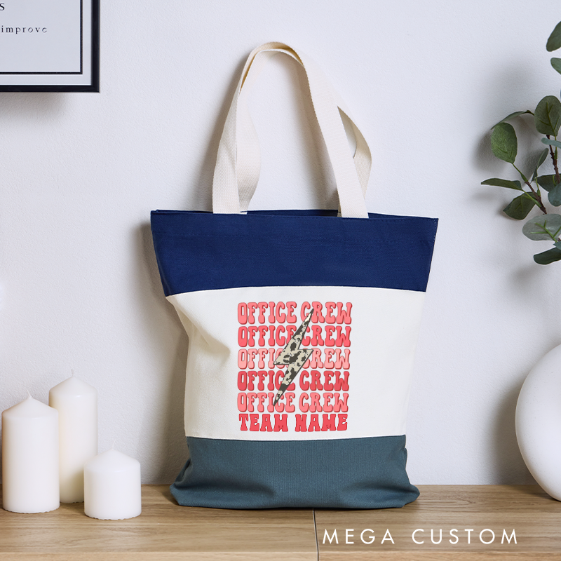 Personalized Office Crew Color Canvas Tote Bag Repeating Text Design Appreciation Gift for Coworker or Employee