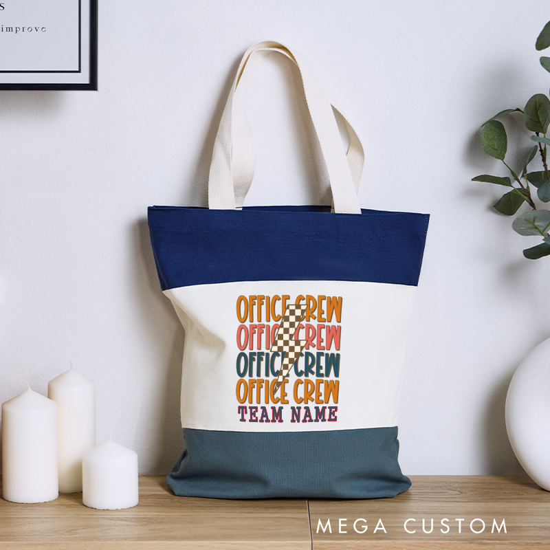 Personalized Office Crew Color Canvas Tote Bag Bold Repeating Text with Checkered Design Appreciation Gift for Coworker or Employee