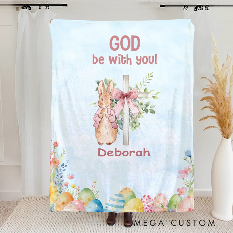 Personalized God Be with You Floral Easter Eggs Bow Cross Peter Rabbit Soft Throw Blanket with Name Home Decor Easter Gift for Christians