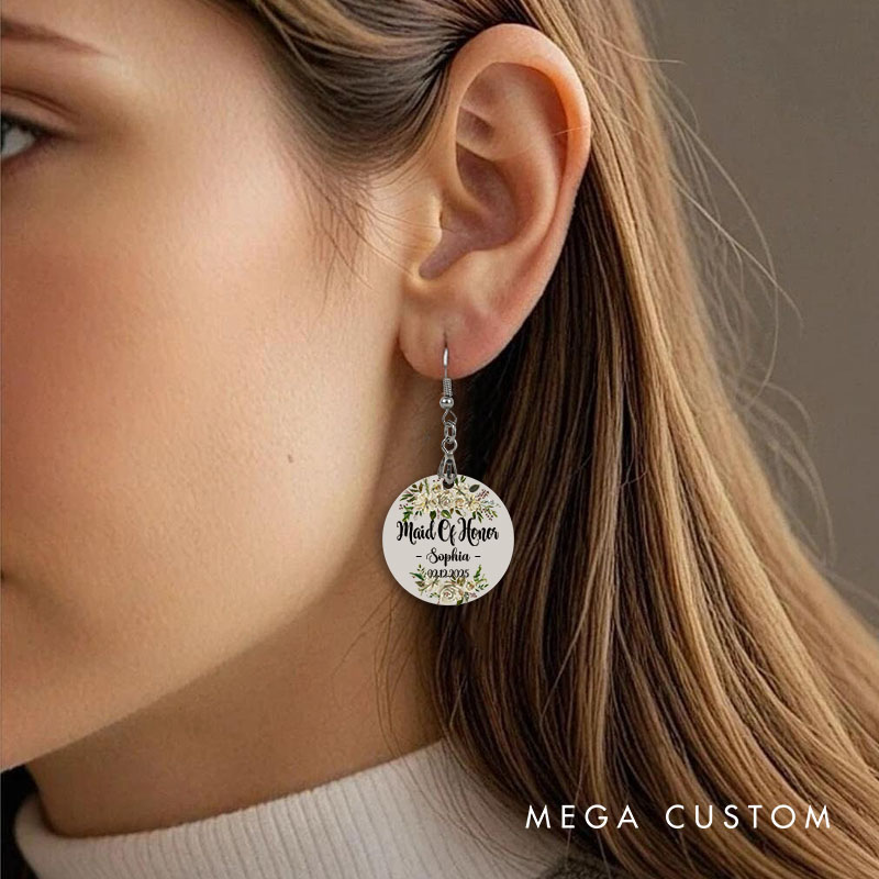 Personalized Floral Maid of Honor Earrings Bride Earrings Bachelorette Party Gift