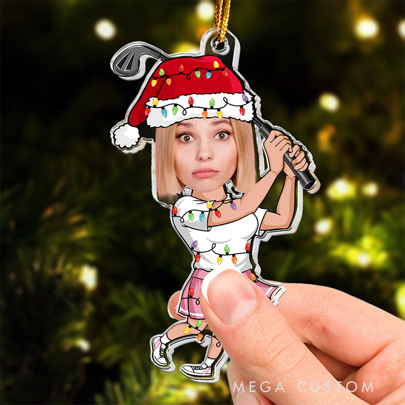 Personalized Acrylic Ornament with Custom Photo and Holiday Golf Theme  
