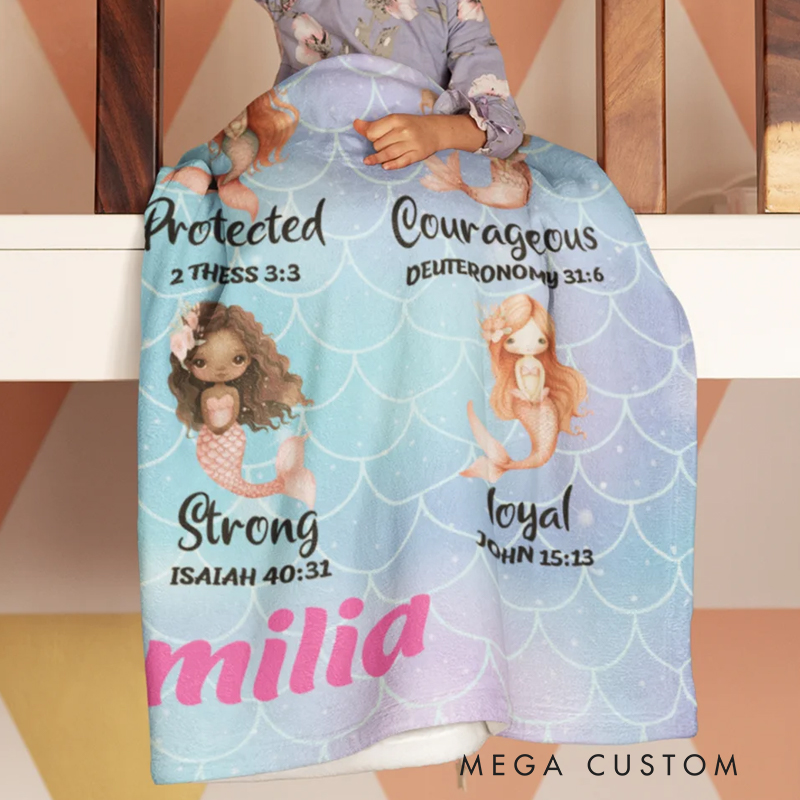 Personalized Colorful Mermaid Princess God Says I Am Soft Blanket with Bible Verse and Name Nursery Decor Baby Shower Baptism Gift for Girls