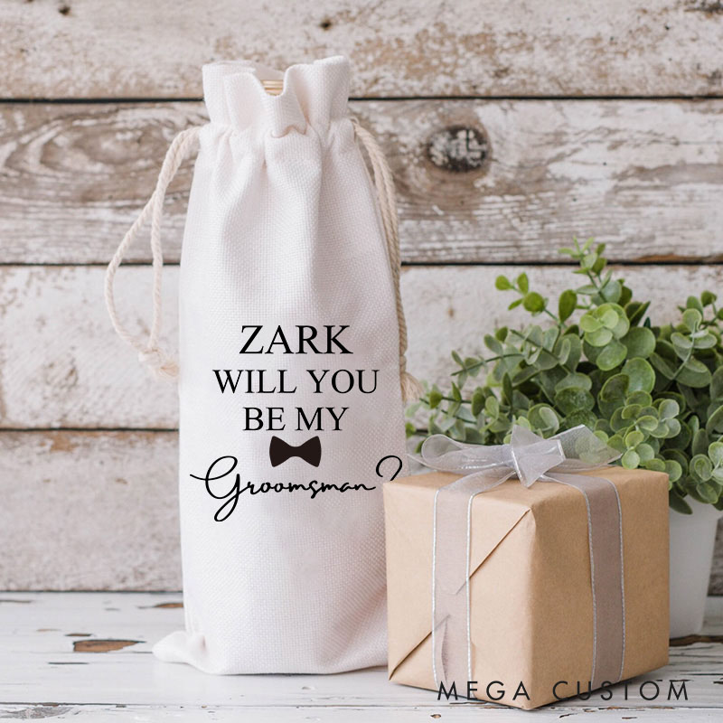 Personalised Groom Wine Bottle Bag Luxury Cotton Drawstring Bags Wedding Wine Tote Bag Gift for Him