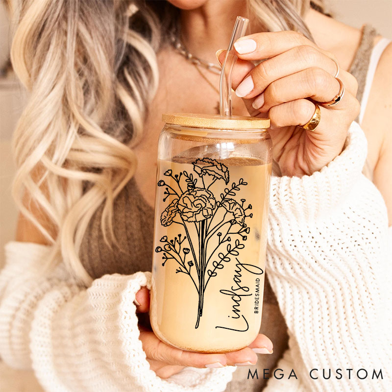 Personalized Bridesmaid Birth Flower Can Glasses with Lid and Straw Bride Wildflower Coffee Cup Bachelorette Party Gift