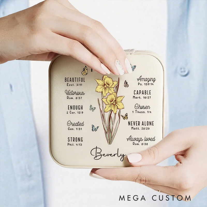 Personalized You Are Bible Verse Birth Flower Leather Jewelry Box with Name Travel Essentials Birthday Anniversary Gift for Women Christians