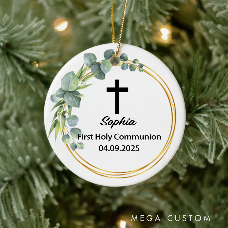 Personalized Floral Leaf Cross Christian Ornament with Name Birthday Gift First Communion Gift for Boys Girls