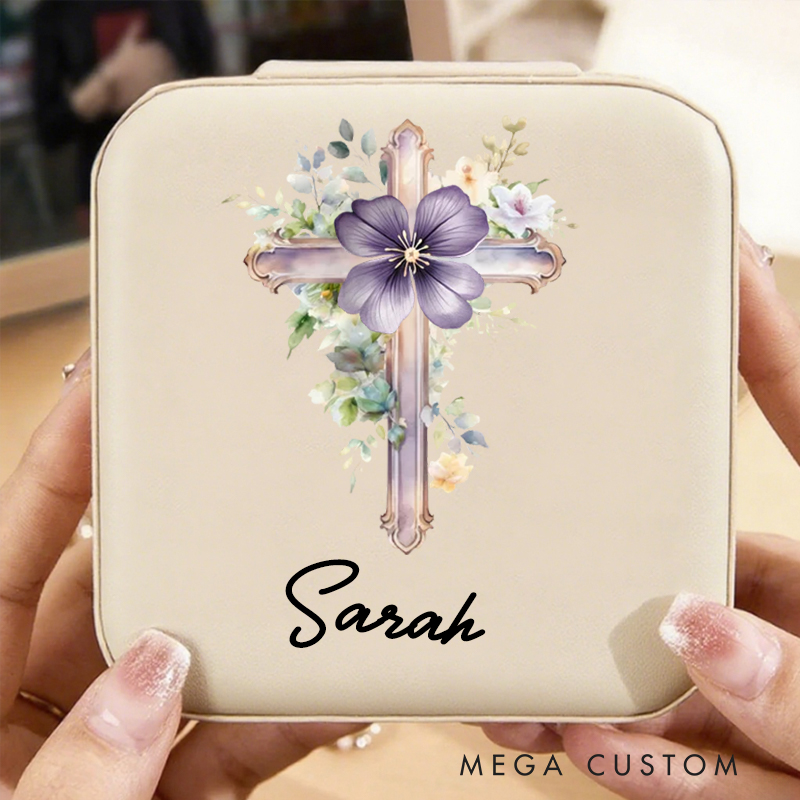 Personalized 1-5 Birth Flowers Cross Leather Jewelry Box with Name Travel Essential Birthday Gift for Women Christian