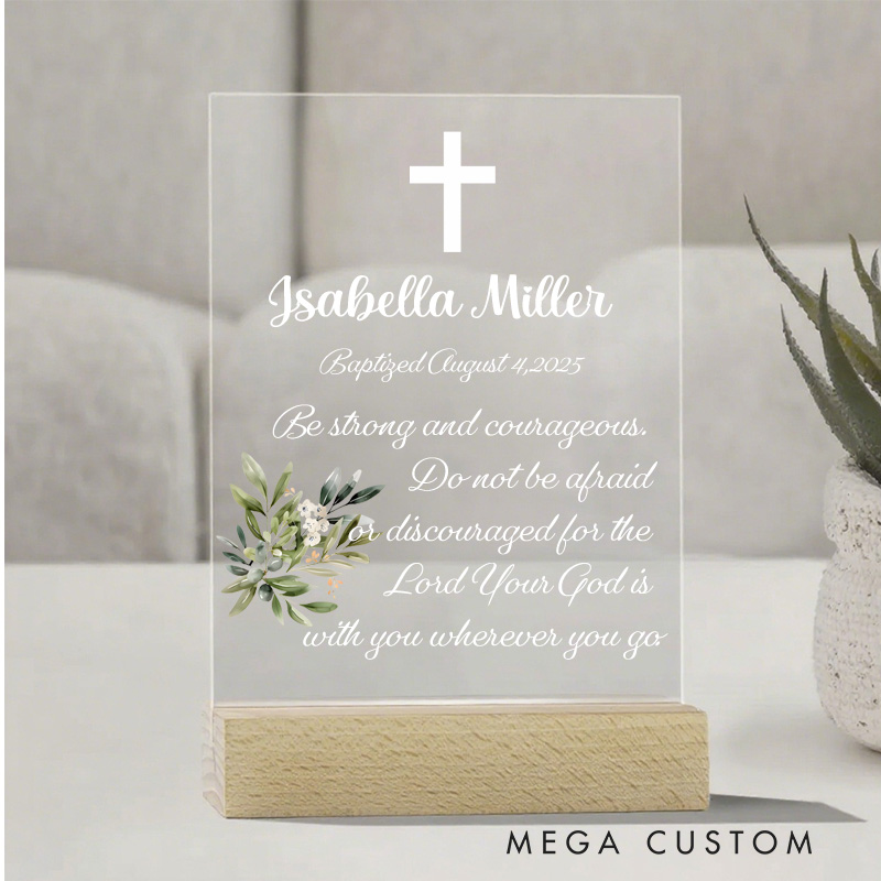 Personalized Flower Leaf Wreath Cross Wooden Base Acrylic Sign with Name and Text Table Decor Religious Gift Birthday Gift for Kids