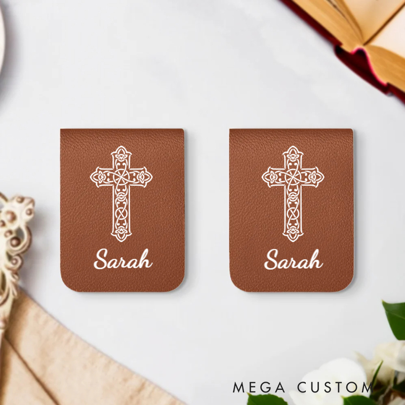 Personalized Cross Birth Flowers Magnetic Leather Bookmark Clip with Name Baptism Birthday Gift for Bookworms Christian Bible Reader