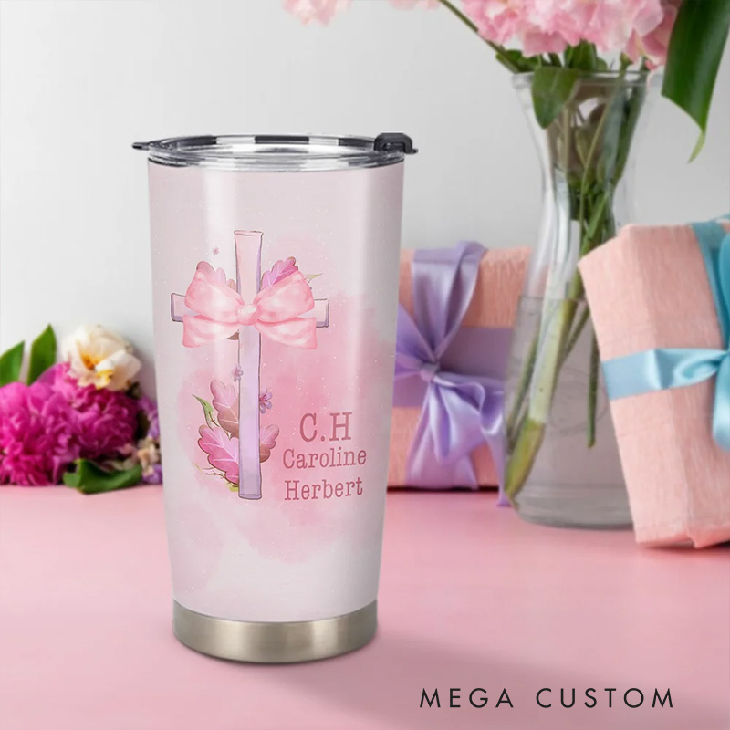 Personalized Pink Coquette Bow Tie Cross 20oz Tumbler with Name Birthday Gift Religious Gift for Women and Girls
