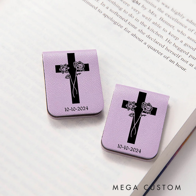Personalized Cross Birth Flowers Magnetic Leather Bookmark Clip with Name Birthday Gift for Bookworms Christian Bible Reader