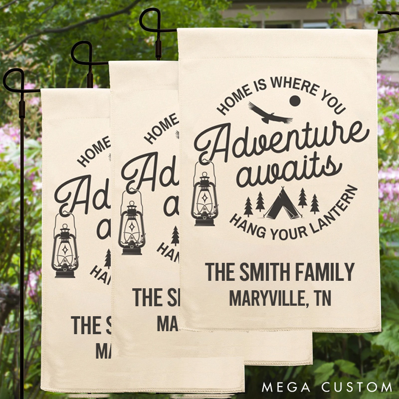Personalized Camping-Inspired Family Garden Flag Adventure Awaits Garden Flag Gift for travel Hiking Lovers
