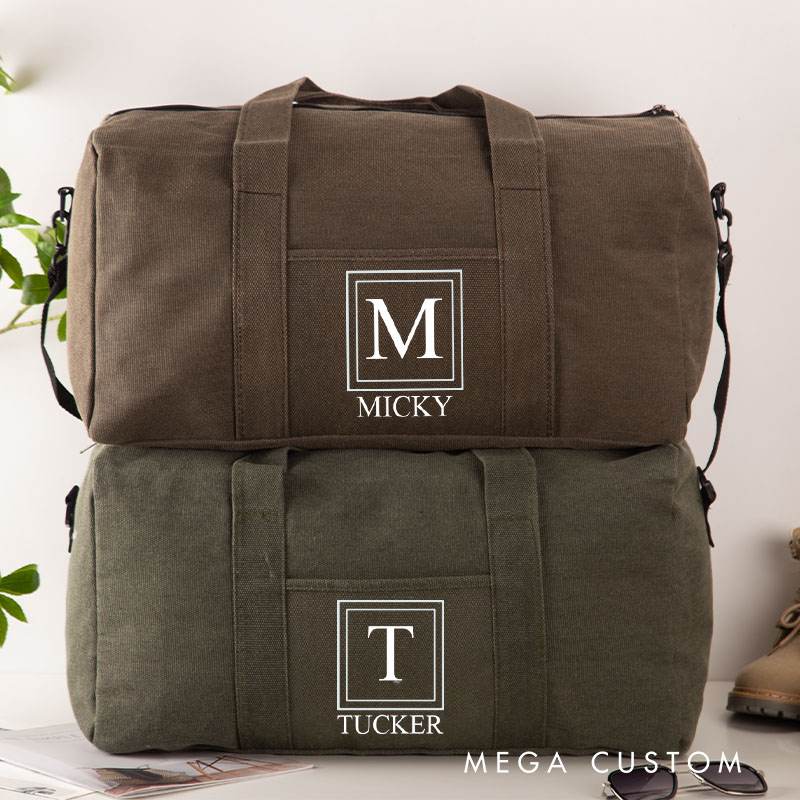 Personalized Named Canvas Duffle Bag for Men Travel Weekend Bag for Husband Groomsmen Duffle Bag