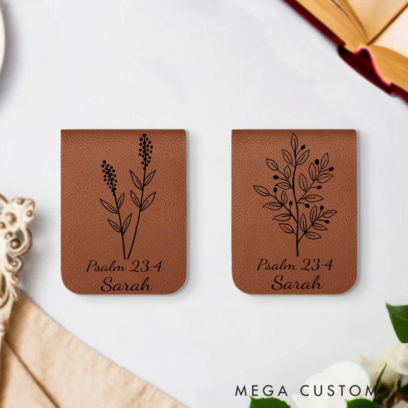 Personalised Floral Bible Verse Magnetic Leather Bookmark Clip with Name Birthday Gift for Bible Reader Book Lover Christian