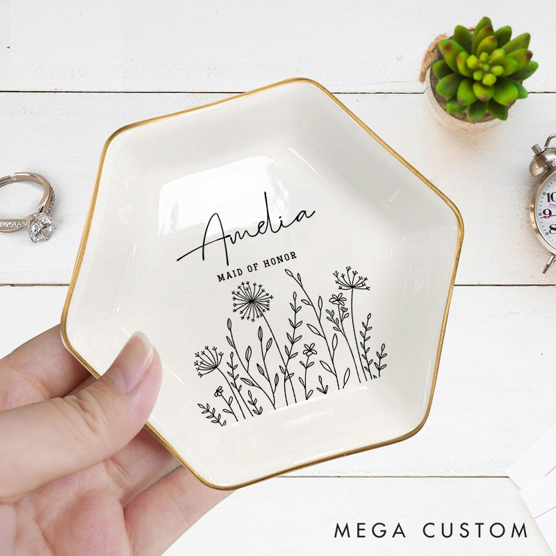 Personalized Bridesmaid Wildflower Ring Dish Bride Best Friend Jewelry Dish Bachelorette Party Gift