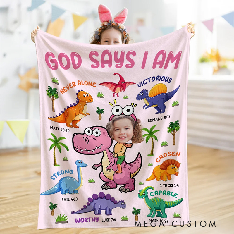 Personalized Dinosaur God Says I Am Face Photo Soft Throw Blanket Home Decor Gift for Boys Gift for Girls Birthday Gift Christening Gift