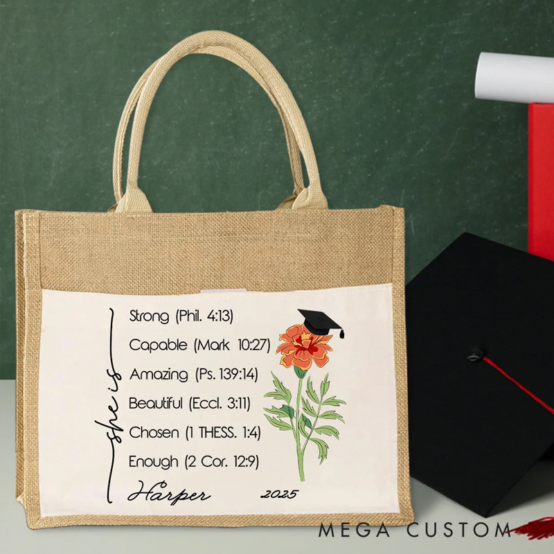 Personalized Bible Verses Birth Flower Graduation Cap Tote Bag with Name and Year Large Storage Graduation Gift for Women Christian Graduates