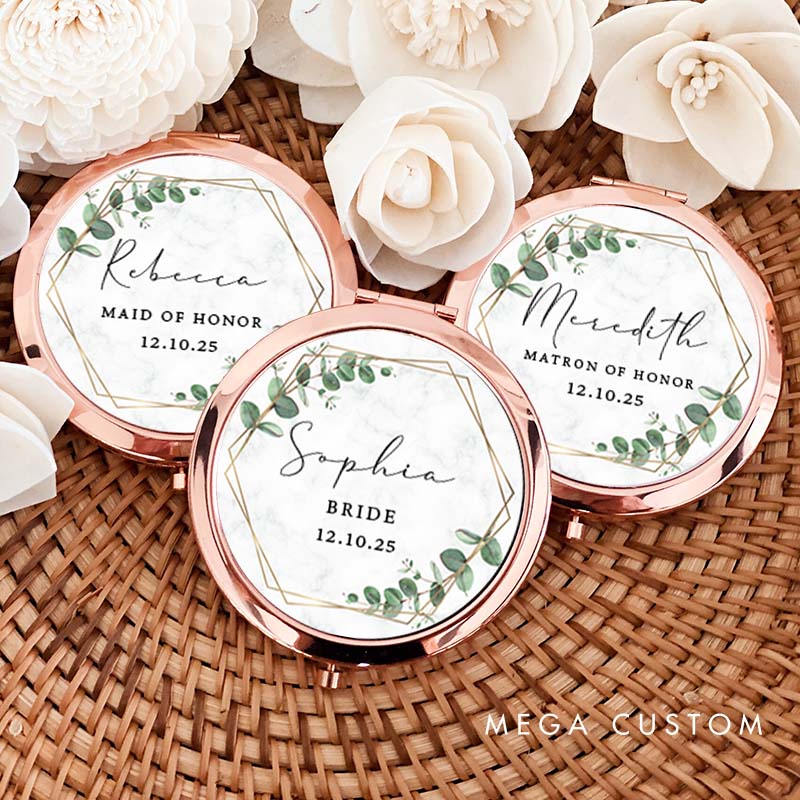 Personalized Maid of Honor Eucalyptus and Geometric Wreath Mirror Bride Compact Mirror Bachelorette Party Gift