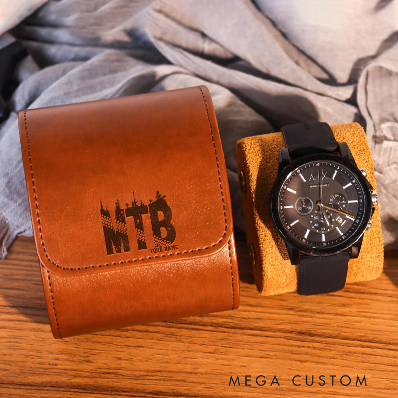 Personalized Engraved MTB Gear Watch Box Leather Holds Multiple Watches Protection Featuring a Snap Closure Secure Keeping for Outdoor Adventures Riding Cycling Biking Enthusiasts