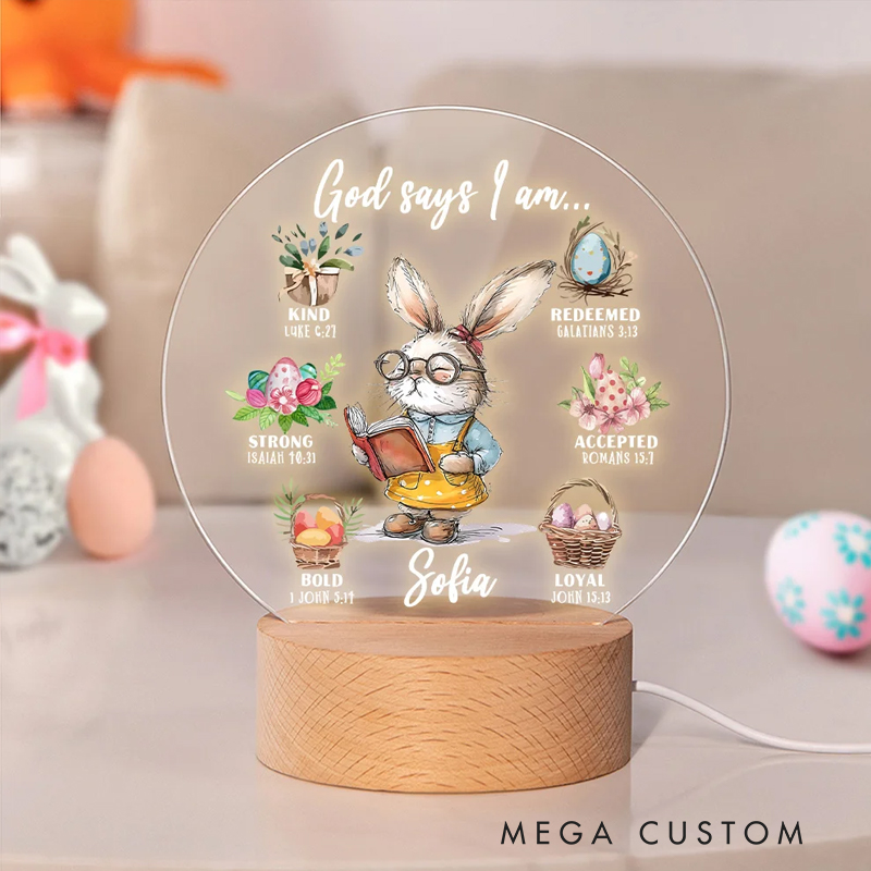Personalized Bunny Career God Says I Am Name LED Night Light with Wooden Base Nursery Decor Birthday Easter Gift for Christian